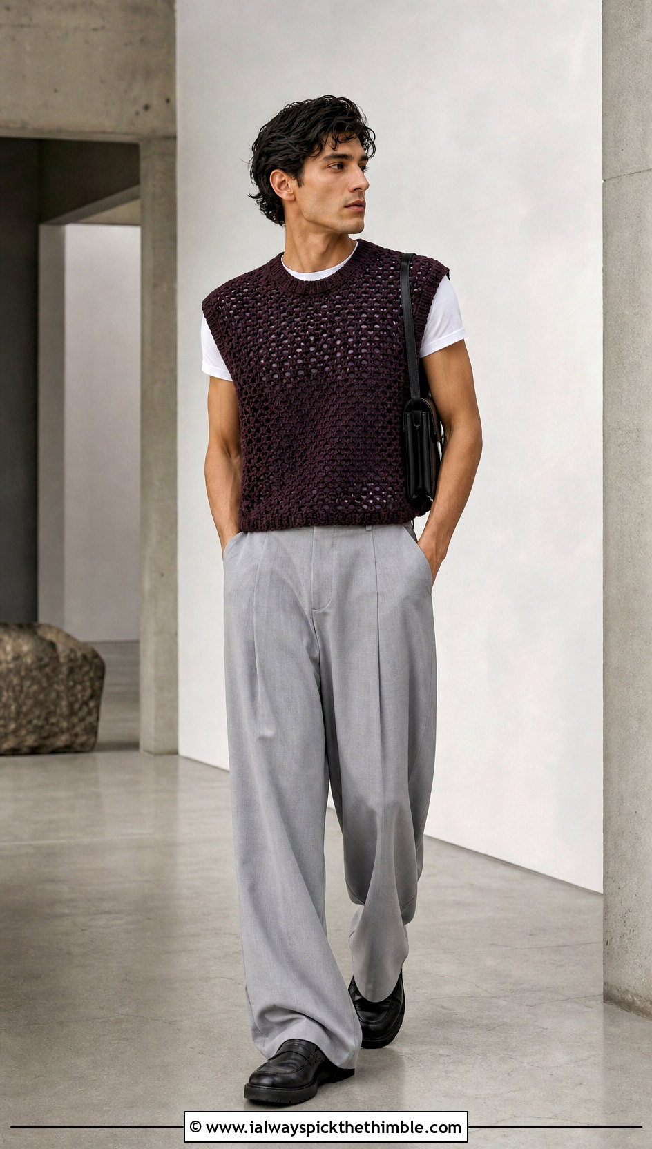 Boxy Crochet Mens Sweater Vest With Wide Leg Trousers - 20 Mens Crochet Sweater Vest outfit ideas