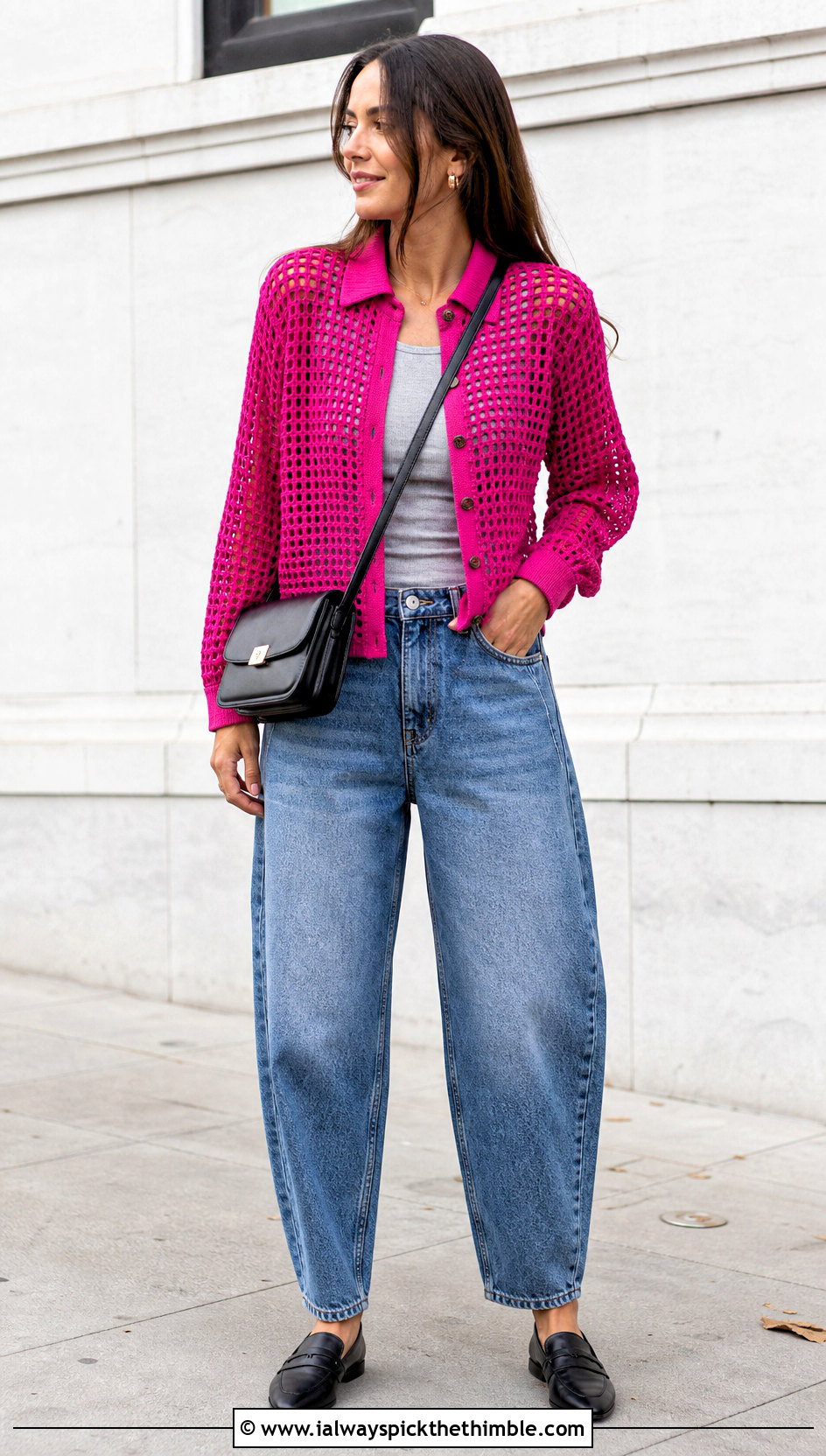 Boxy Crochet Mesh Shirt With Barrel Leg Jeans - 20 crochet mesh shirt outfit ideas
