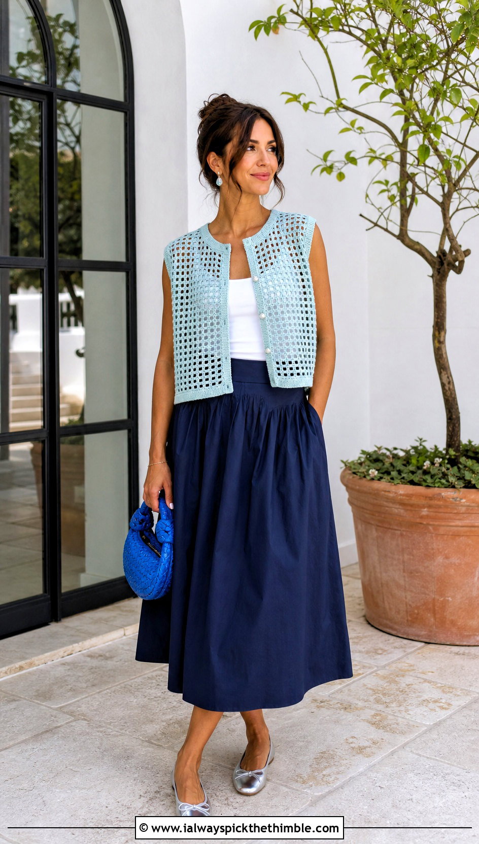 Boxy Crochet Mesh Vest With Poplin Midi Skirt - 25 crochet mesh vest outfit ideas