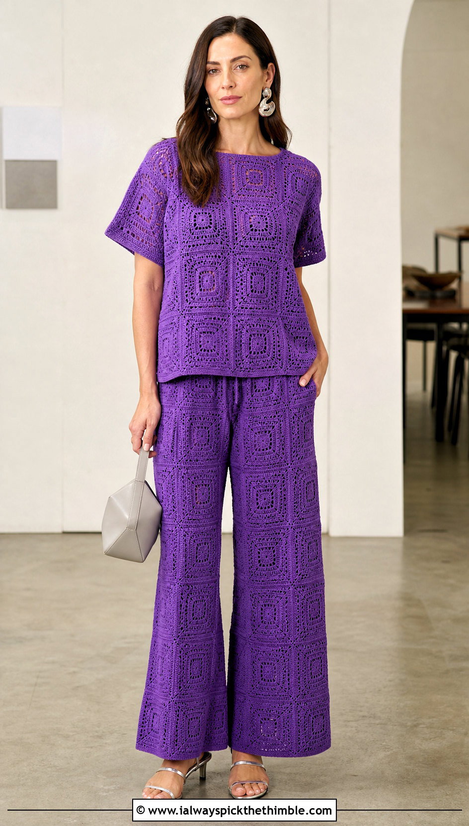 Boxy Crochet Pajama Set With Minimal Sandals - 25 crochet pajama set outfit ideas