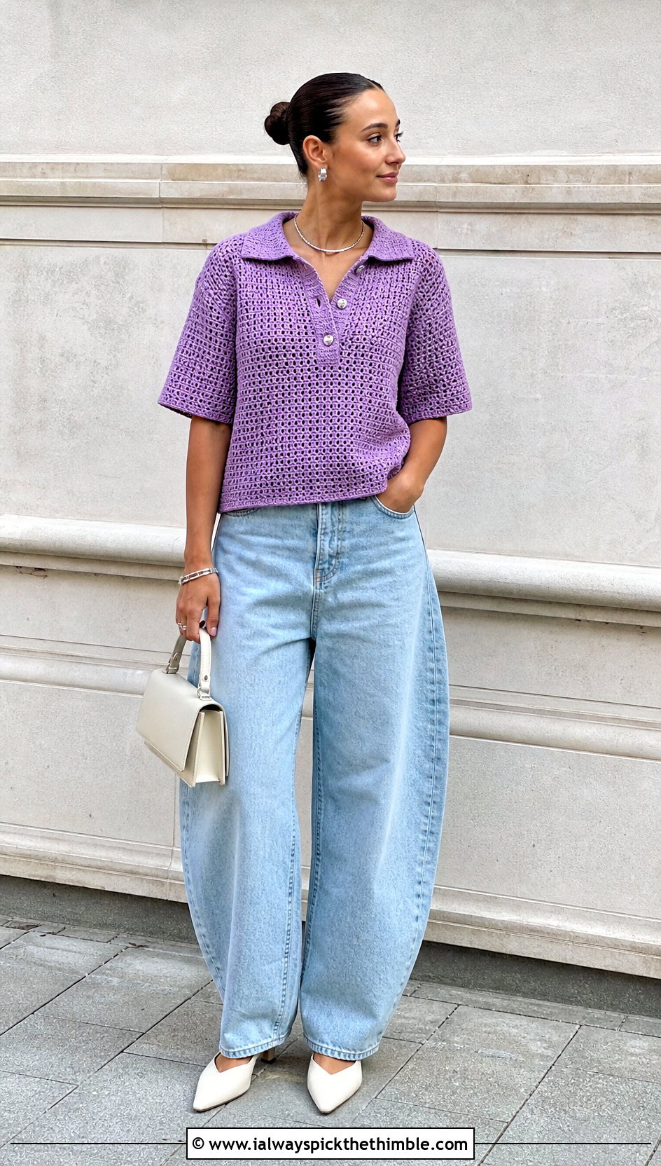 Boxy Crochet Polo Shirt With Barrel Jeans - 20 women crochet polo shirt outfit ideas