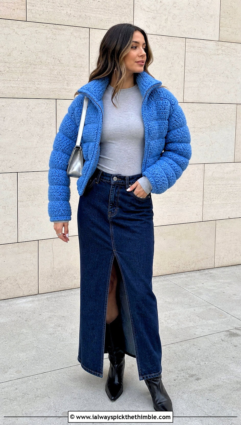 Boxy Crochet Puffer Jacket With Column Maxi Skirt - 25 crochet puffer jacket outfit ideas