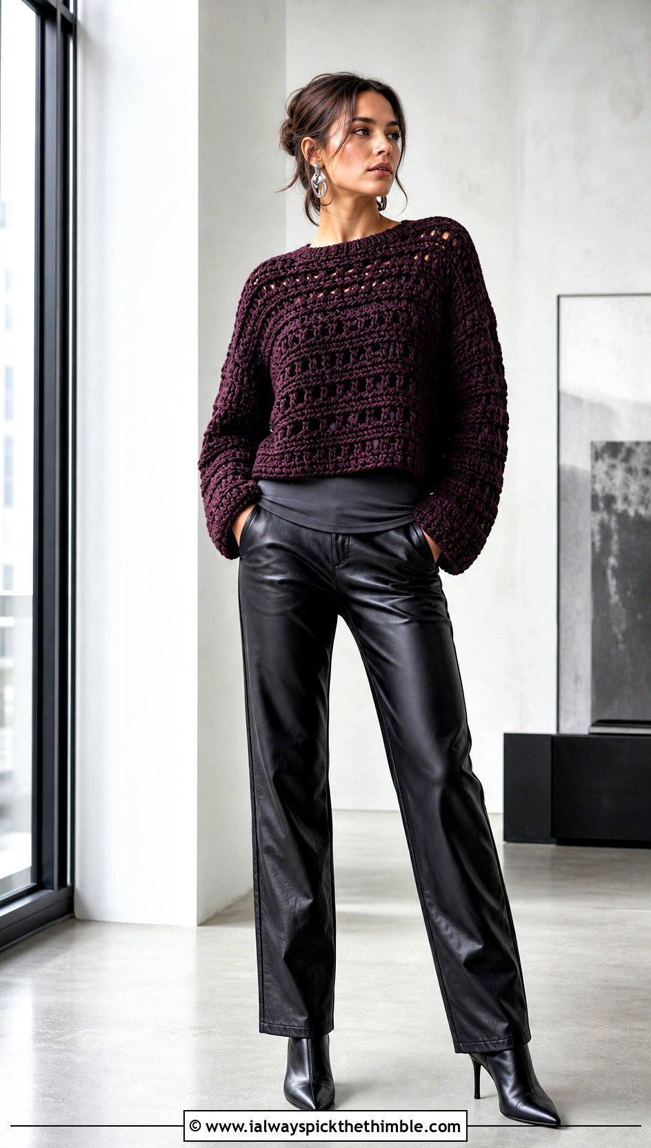 Boxy Crochet Pullover With Leather Look Pants - 20 beginner crochet clothing and outfit ideas
