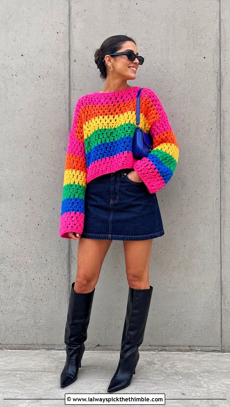 Boxy Crochet Rainbow Sweater With A Denim Mini Skirt - 20 Crochet Rainbow Sweater outfit ideas