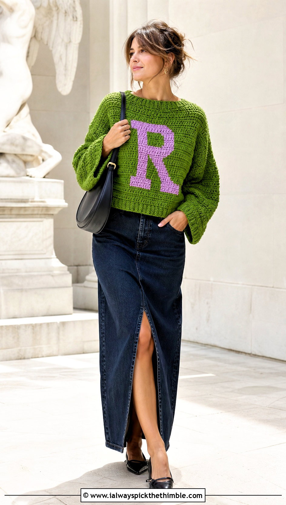 Boxy Crochet Ron Weasley Sweater With Denim Maxi Skirt - 20 Crochet Ron Weasley Sweater outfit ideas