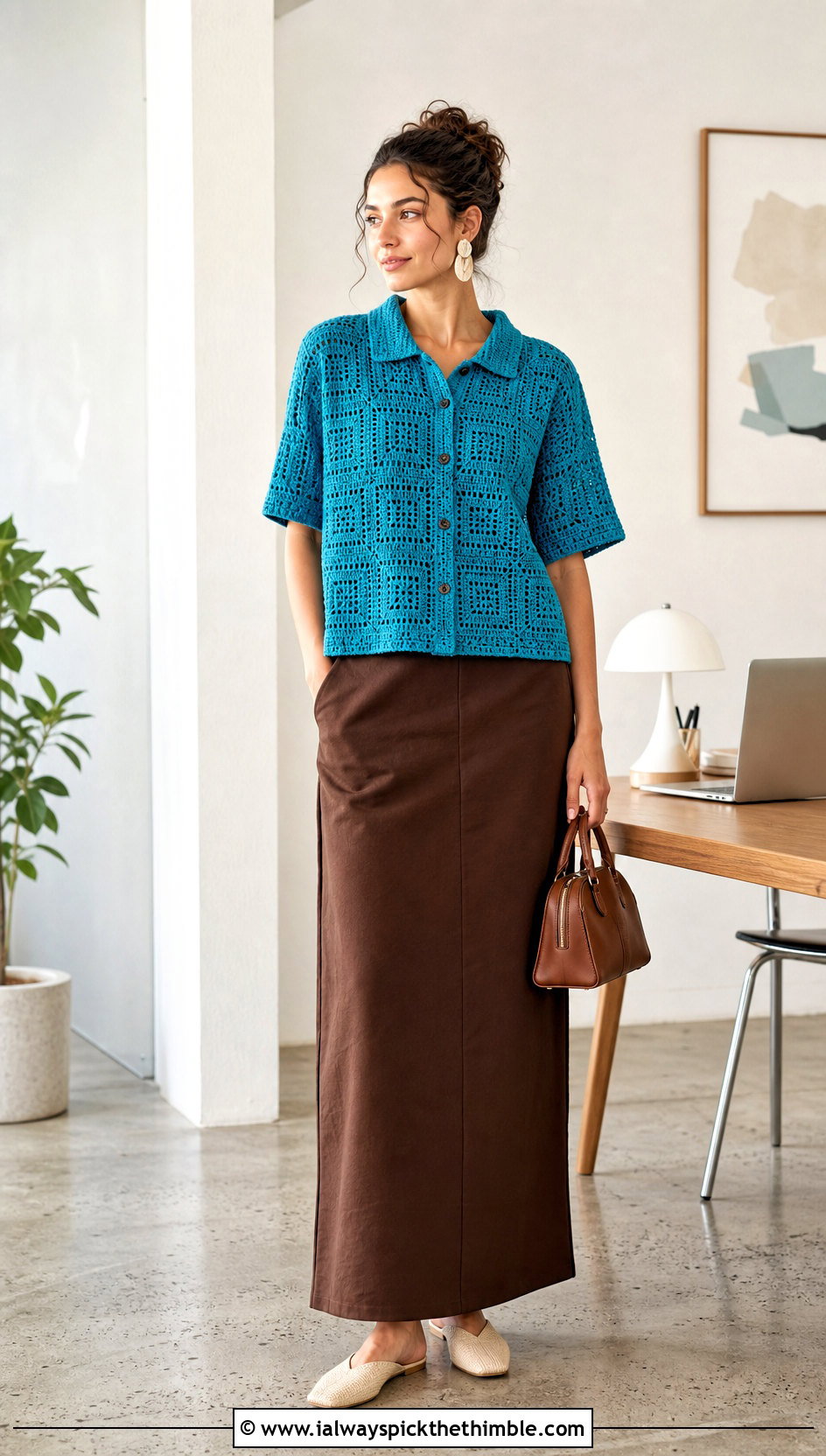 Boxy Crochet Shirt With Column Maxi Skirt - 20 easy crochet shirt outfit ideas
