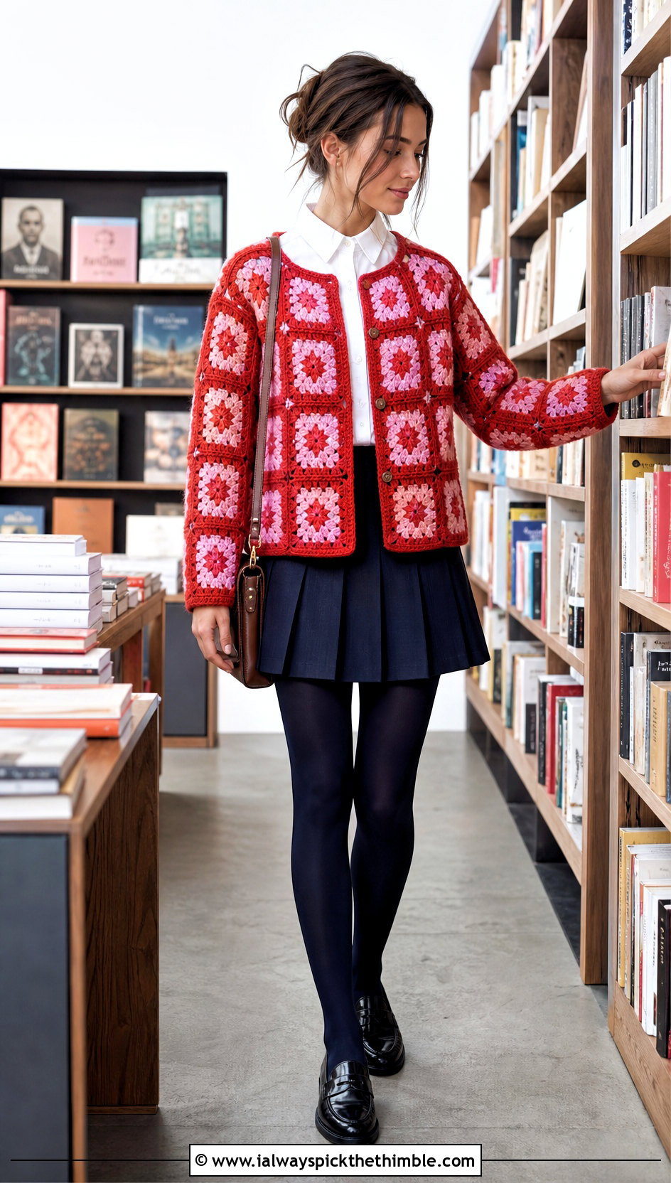 Boxy Crochet Star Granny Square Cardigan With Pleated Mini Skirt - 20 Crochet Star Granny Square Cardigan outfit ideas