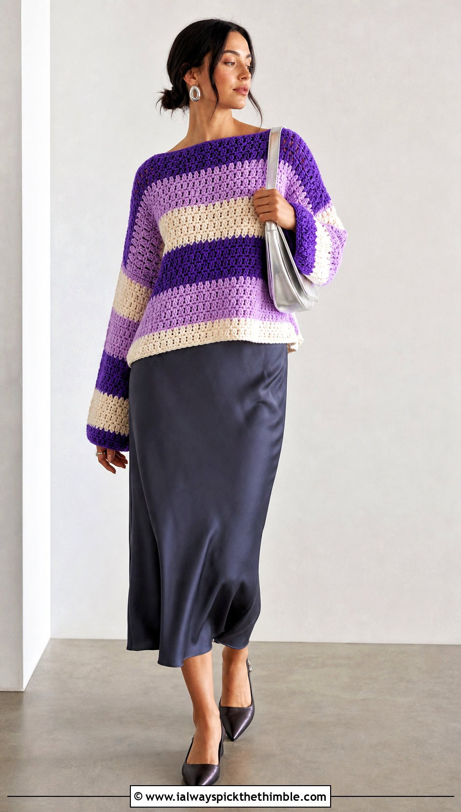 Boxy Crochet Striped Sweater With Bias Cut Skirt - 25 crochet striped sweater outfit ideas