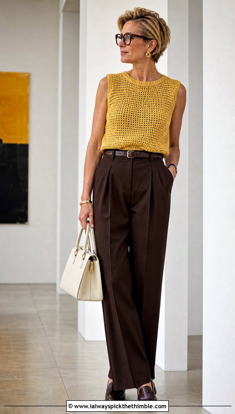 Boxy Crochet Sweater Tank With Pleated Trousers - 20 Crochet Sweater Tank outfit ideas