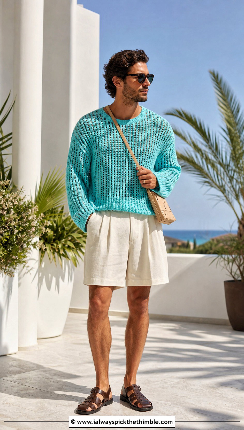 Boxy Crochet Sweater With Pleated Shorts - 25 crochet mens sweater outfit ideas