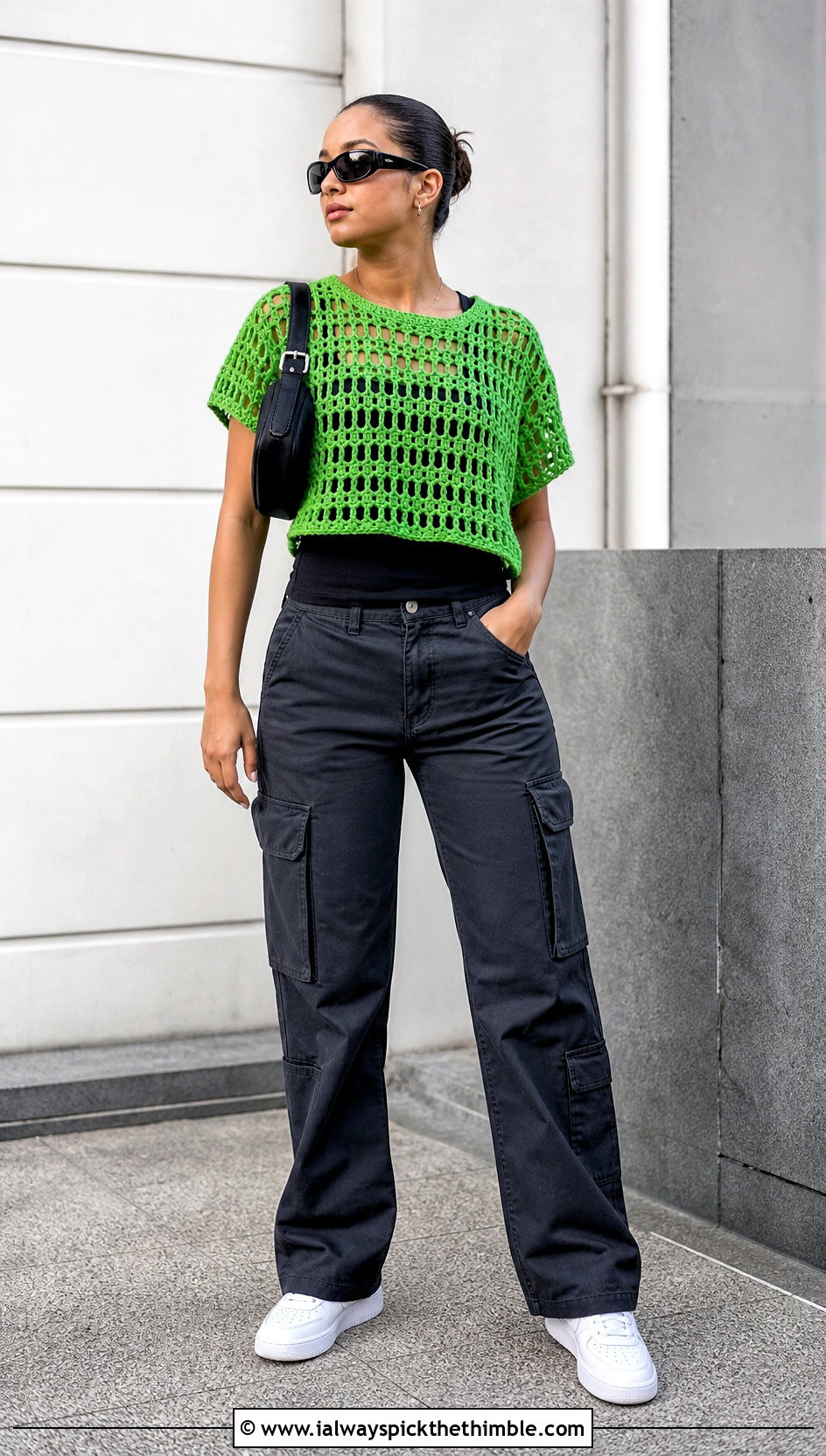 Boxy Crochet T Shirt With Cargo Pants - 25 crochet shirt women outfit ideas