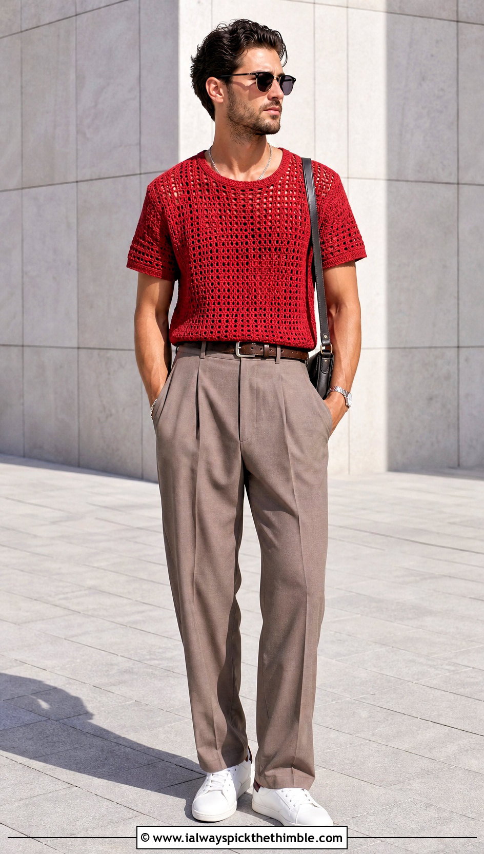 Boxy Crochet T Shirt With High Waisted Trousers - 25 crochet top men outfit ideas