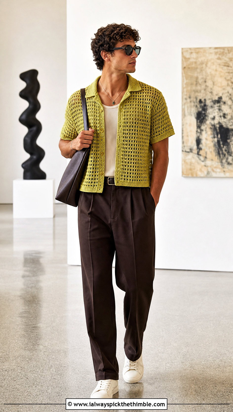 Boxy Crochet T Shirt With Pleated Trousers - 25 mens crochet shirt outfit ideas