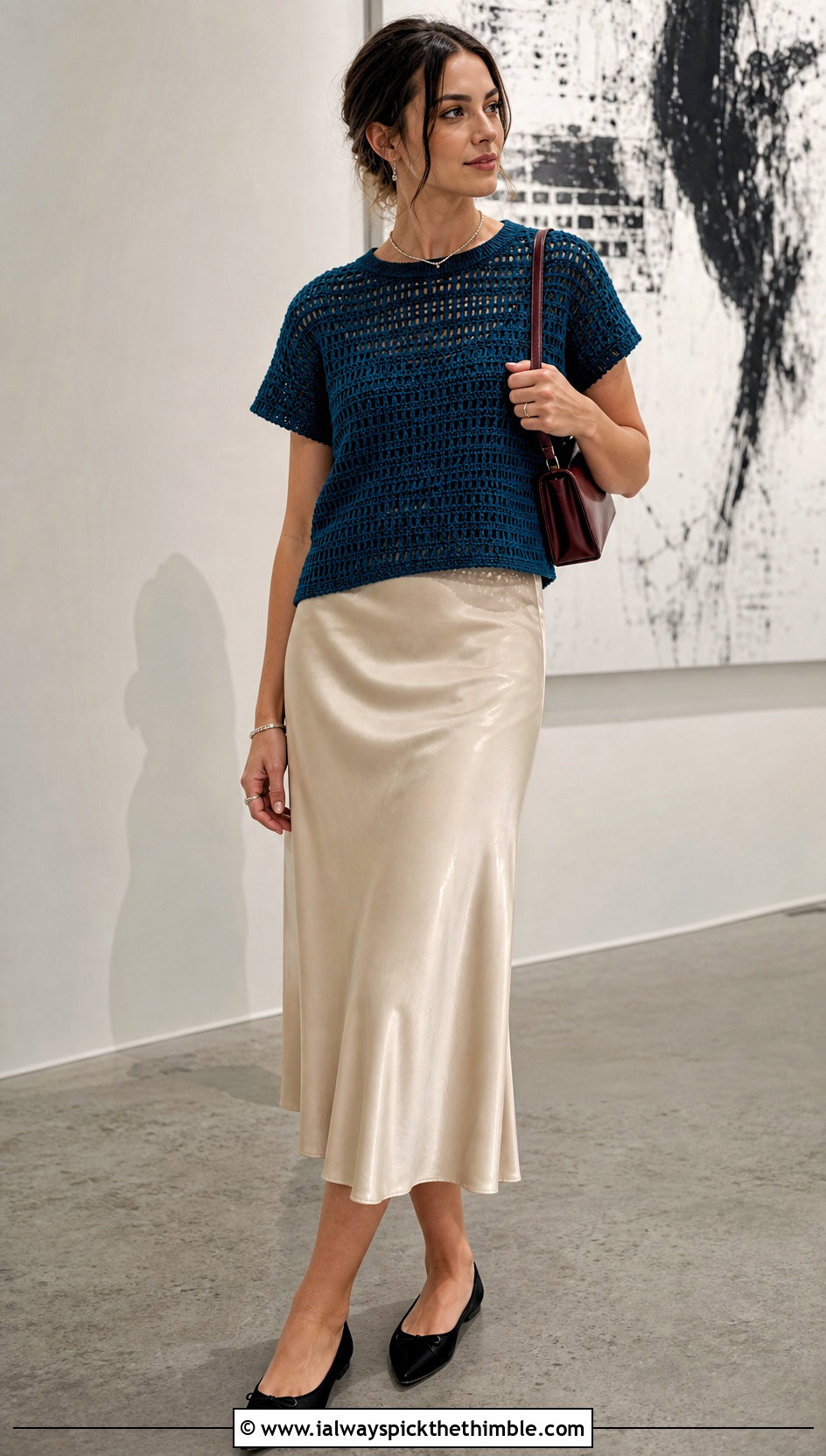 Boxy Crochet T Shirt With Satin Midi Skirt - 20 Easy Clothes To Crochet For Beginners outfit ideas
