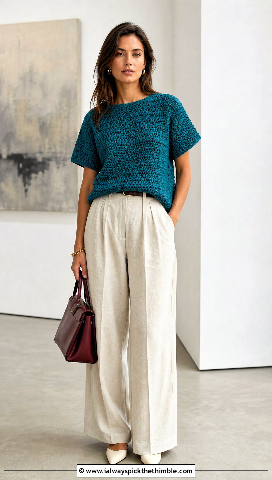 Boxy Crochet T Shirt With Tailored Trousers - 25 crochet t shirt outfit ideas
