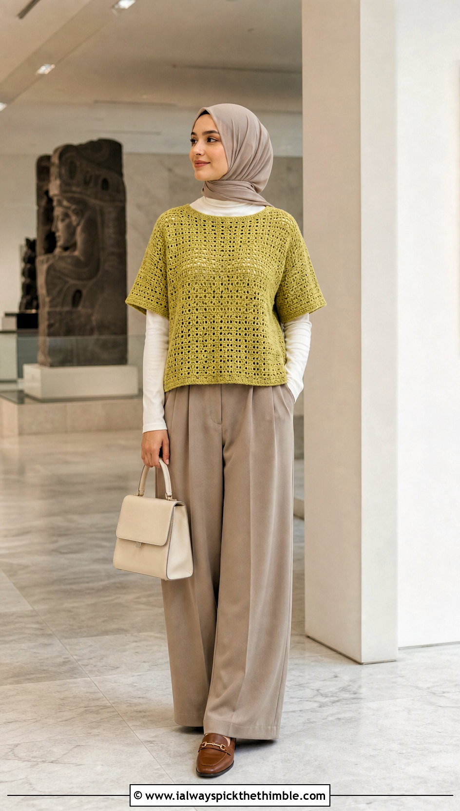 Boxy Crochet Tee With Pleated Pants - 20 crochet top hijabi outfit ideas