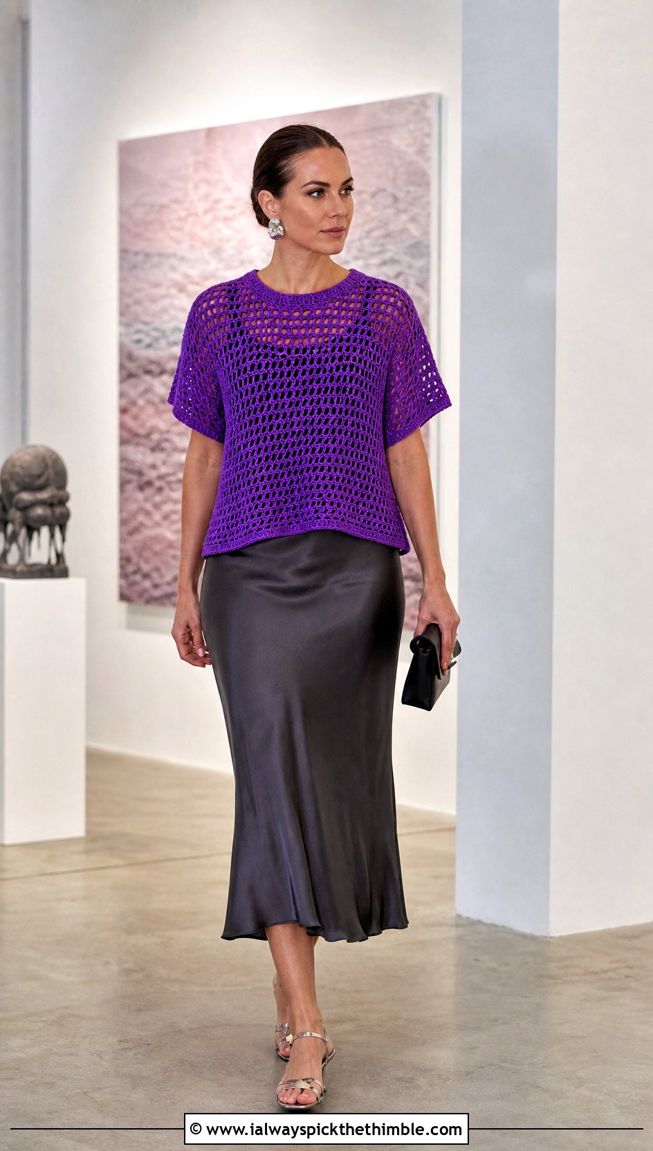 Boxy Crochet Tee With Satin Midi Skirt - 25 crochet tee outfit ideas