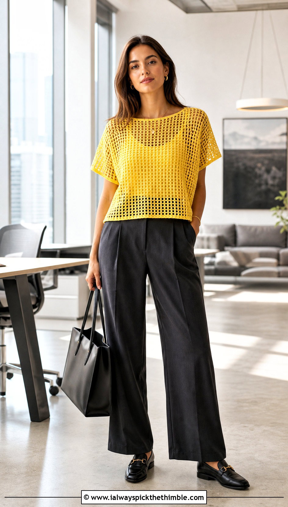 Boxy Crochet Tee With Tailored Trousers - 25 crochet tee shirt outfit ideas