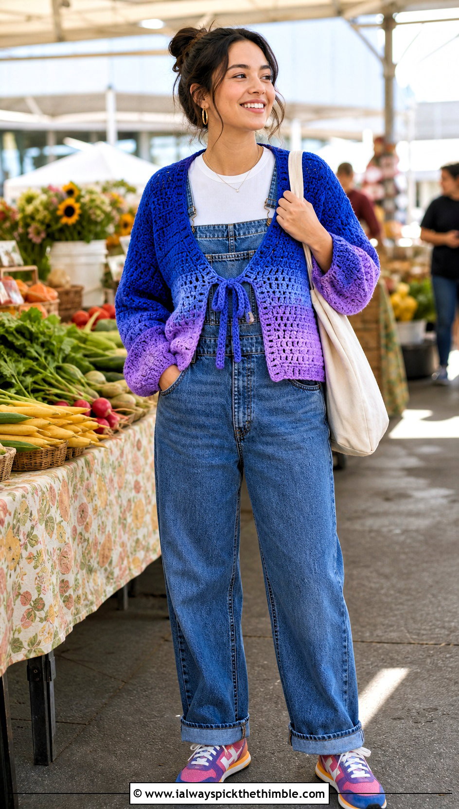 Boxy Crochet Tie Cardigan With Denim Overalls - 25 crochet tie cardigan outfit ideas