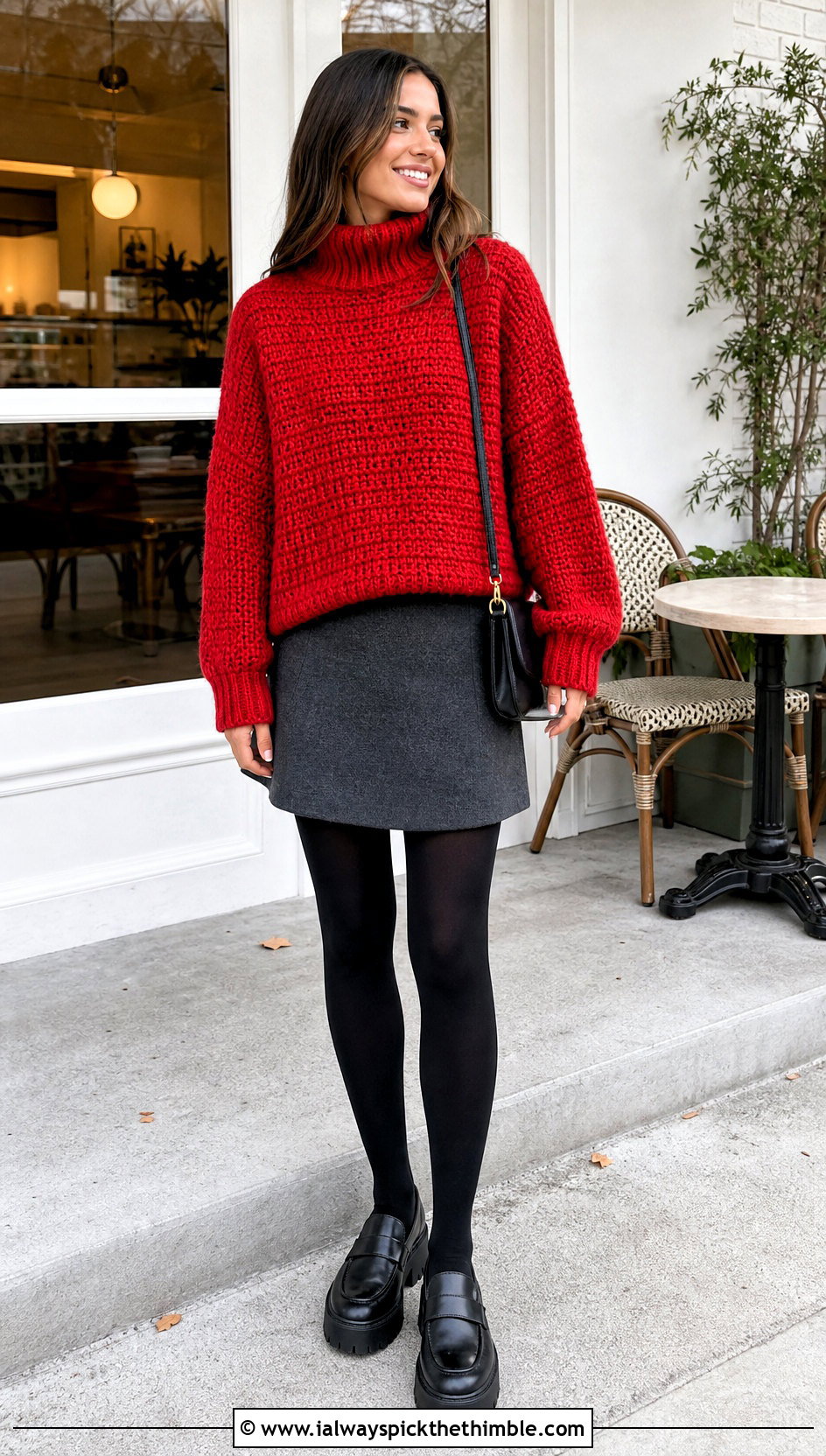 Boxy Crochet Turtleneck Sweater With Mini Skirt And Tights - 20 crochet turtleneck sweater outfit ideas