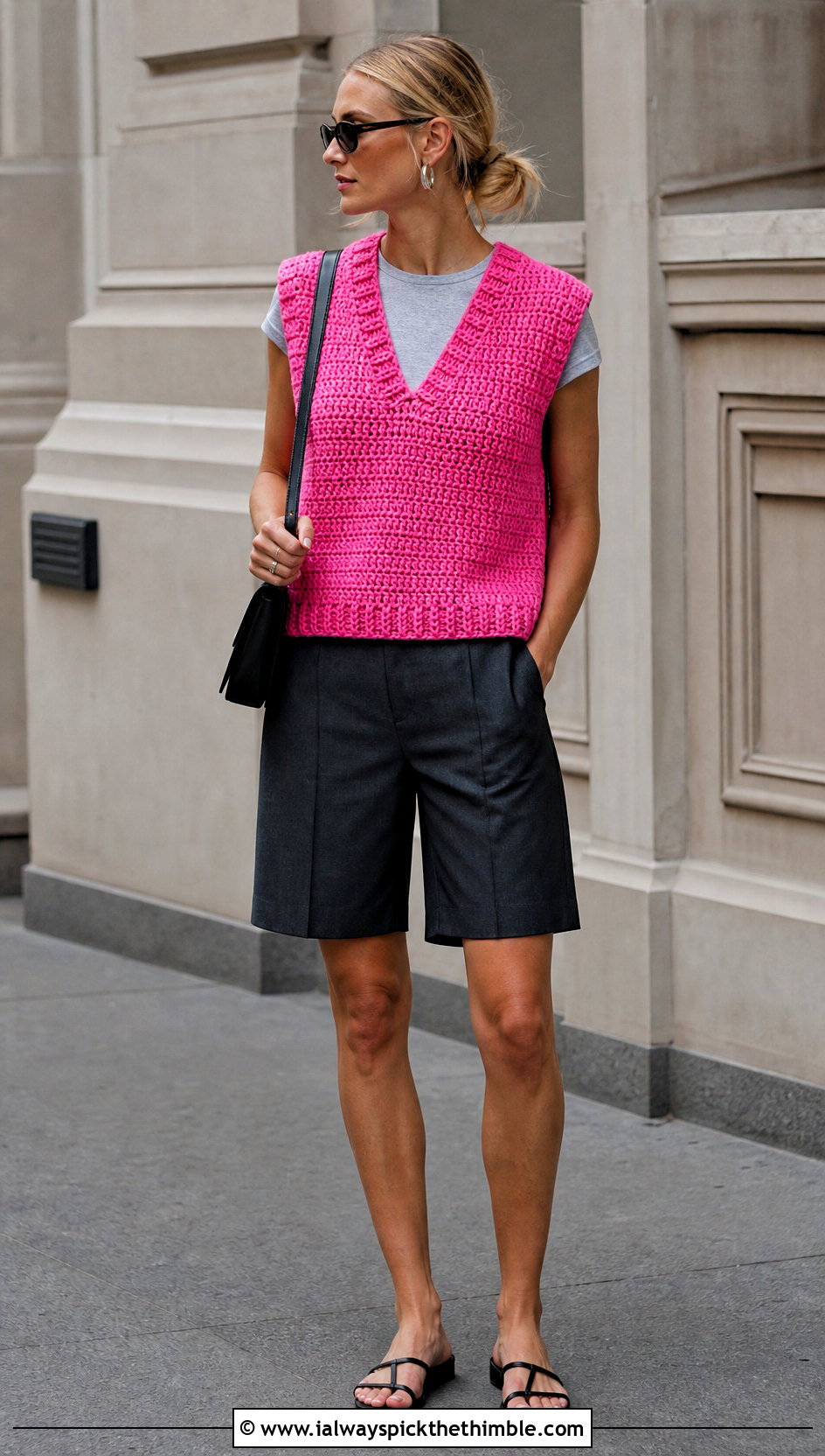 Boxy Crochet V Neck Vest With Bermuda Shorts - 20 crochet v neck vest outfit ideas
