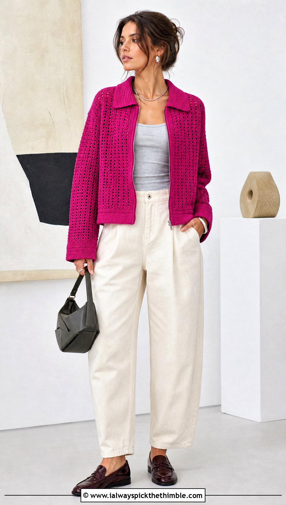 Boxy Crochet Zip Jacket With Barrel Leg Pants - 20 crochet jacket with zipper outfit ideas
