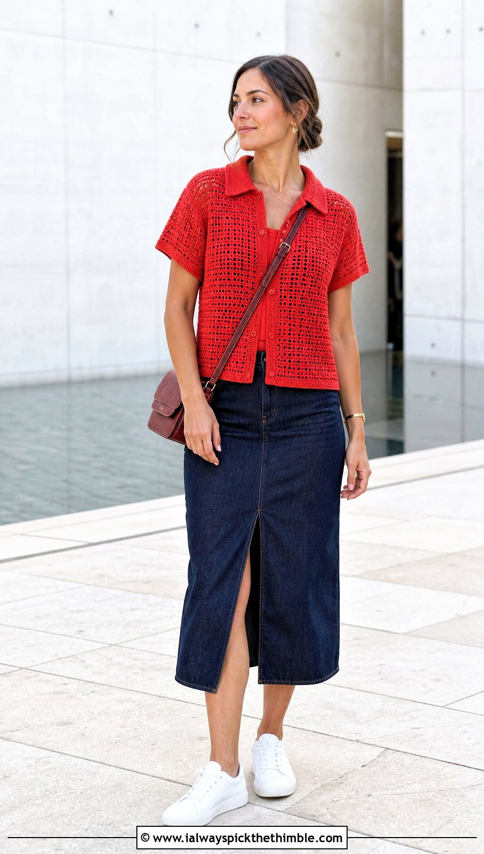 Boxy Crocheted Shirt With Denim Midi Skirt - 25 Crocheted Shirt outfit ideas
