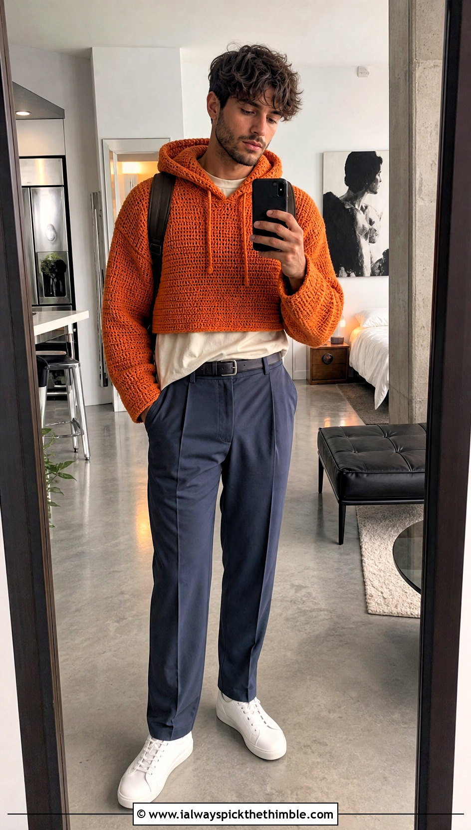 Boxy Cropped Crochet Hoodie With Chinos - 20 Crochet Hoodies For Men outfit ideas