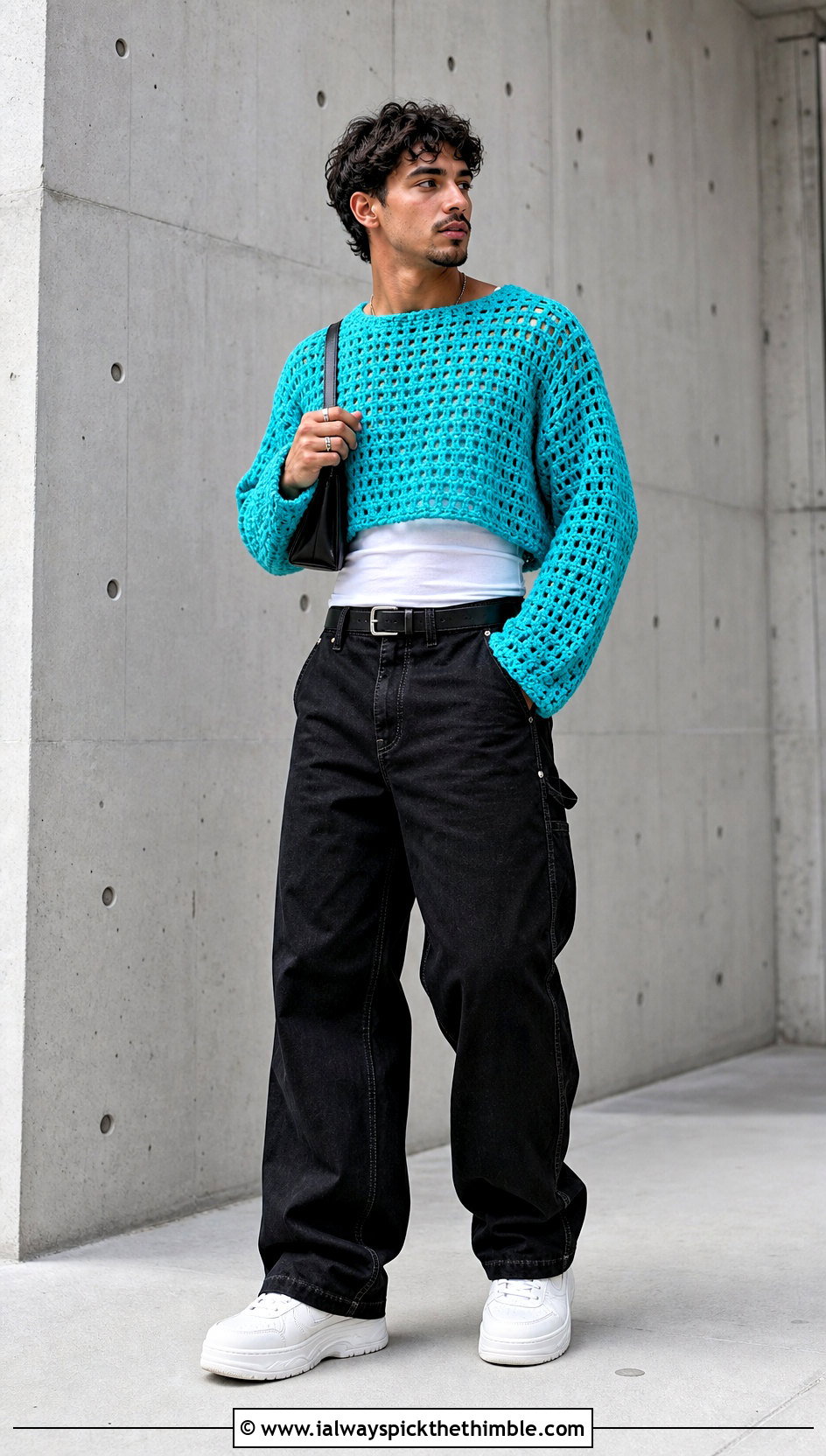 Boxy Cropped Crochet Sweater With High Rise Pants - 25 crochet man sweaters outfit ideas
