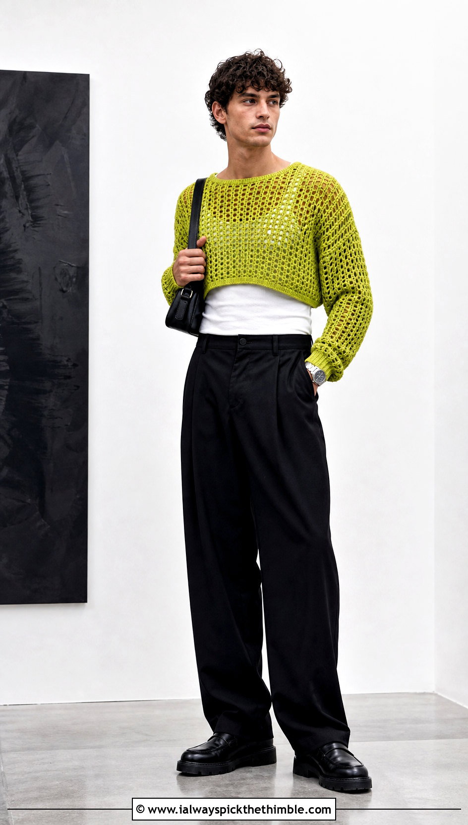 Boxy Cropped Crochet Sweater With Wide Leg Pants - 20 male crochet sweater outfit ideas