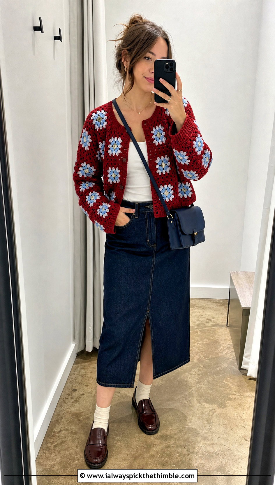 Boxy Daisy Granny Square Cardigan With Denim Midi Skirt - 20 Daisy Granny Square Cardigan outfit ideas