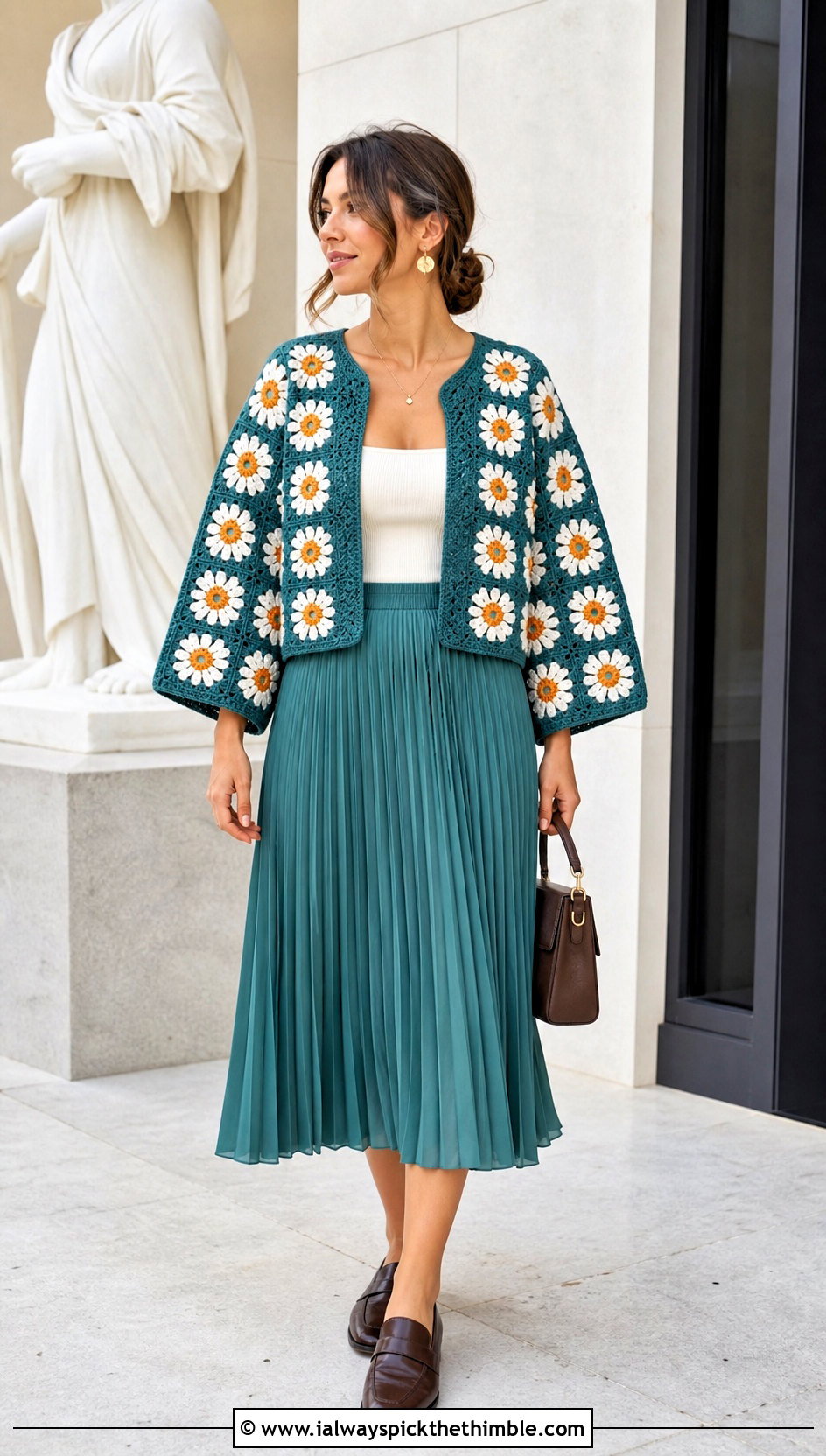 Boxy Daisy Granny Square Patchwork Cardigan With Pleated Midi Skirt - 20 Granny Square Patchwork Cardigan outfit ideas