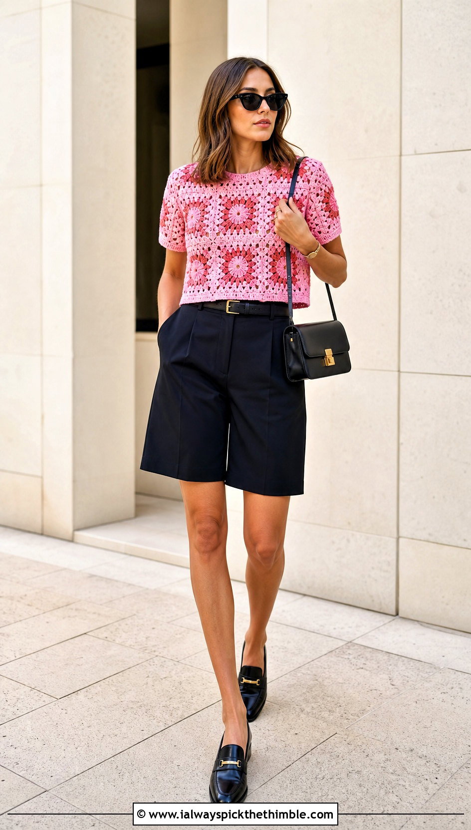 Boxy Delilah Top With Tailored Bermuda Shorts - 20 crochet delilah top outfit ideas