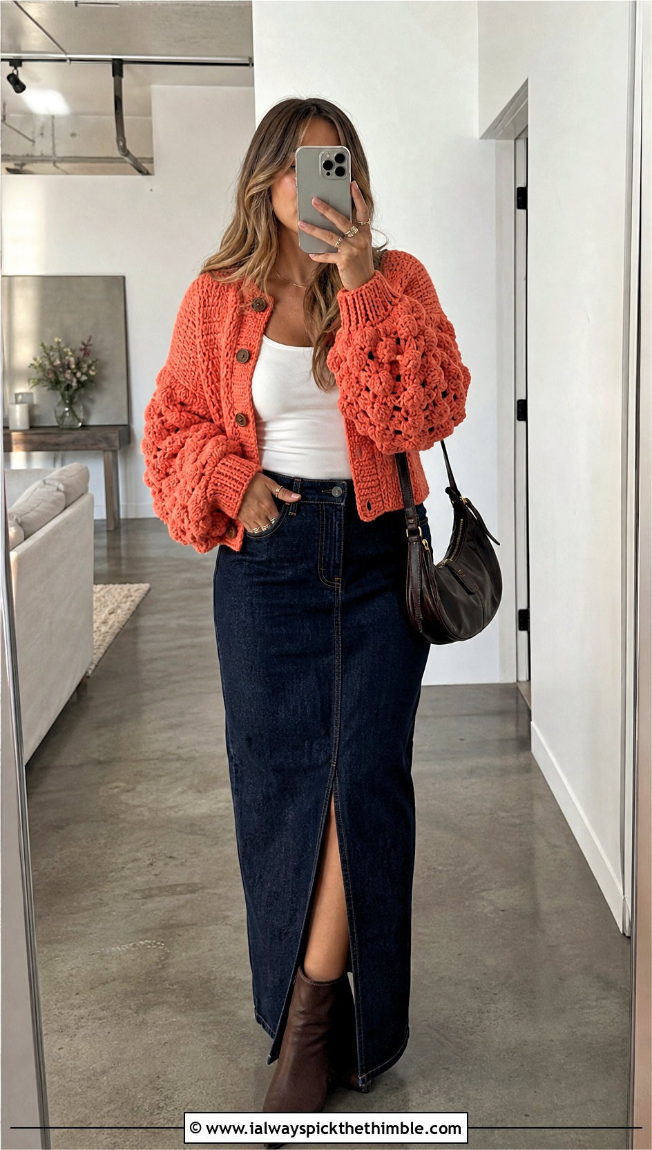 Boxy Drop Shoulder Crochet Bubble Cardigan With Denim Maxi Skirt - 15 Crochet Bubble Cardigan outfit ideas