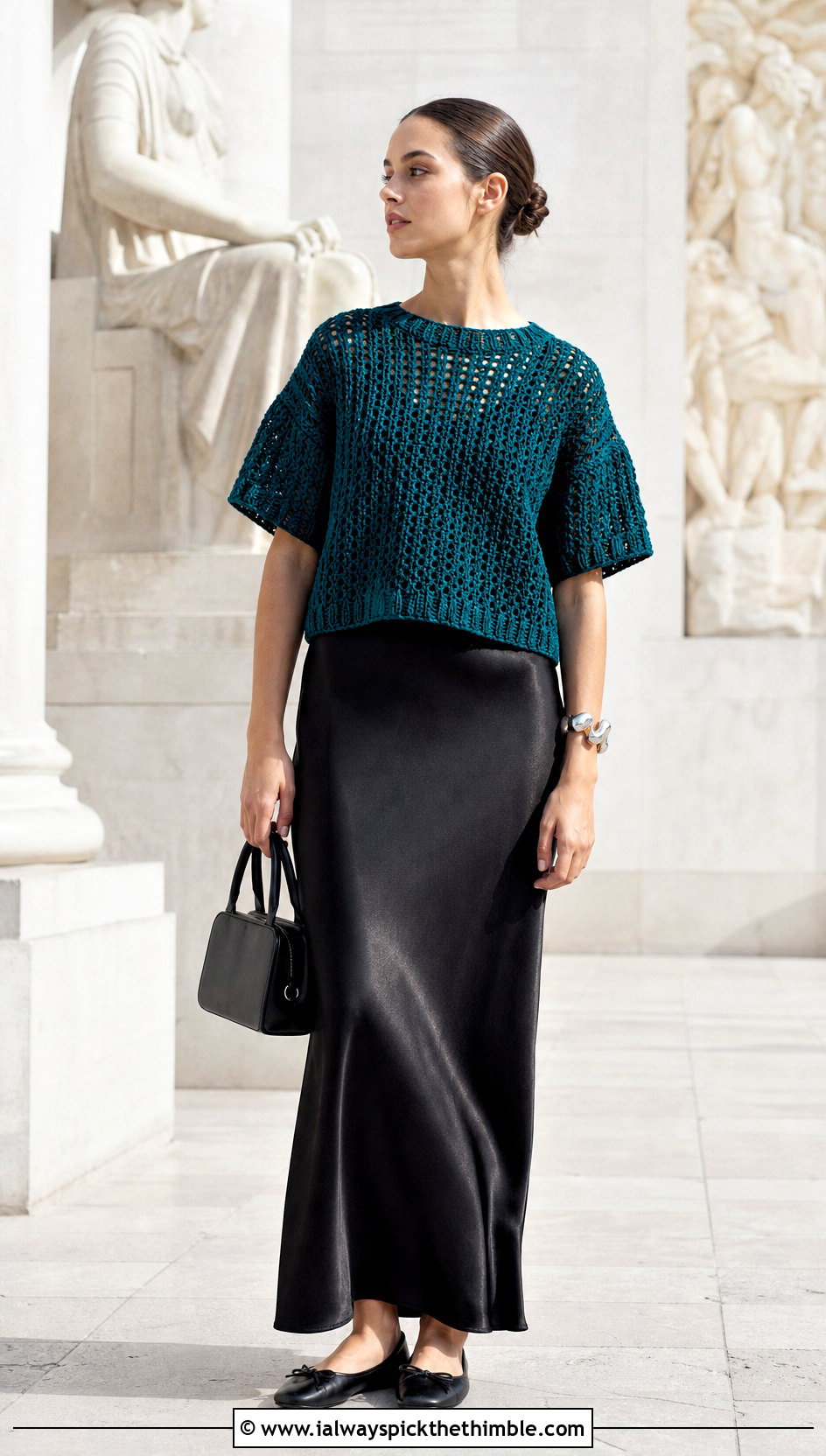 Boxy Drop Shoulder Crochet Short Sleeve Sweater With Slip Dress - 20 Crochet Short Sleeve Sweater outfit ideas