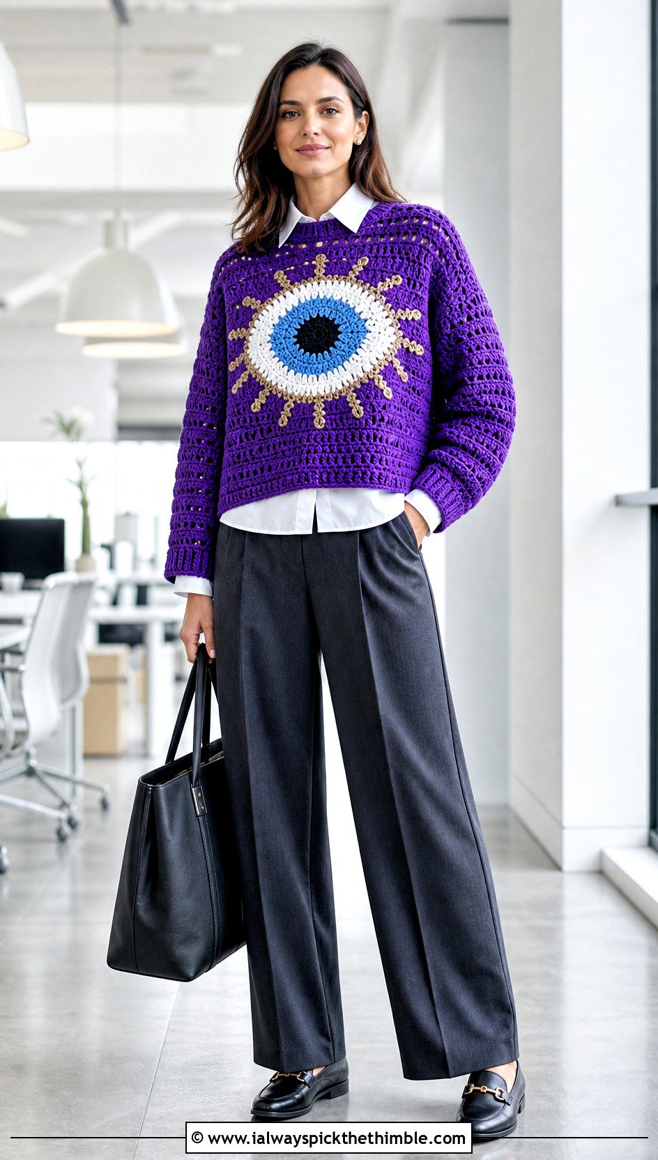 Boxy Evil Eye Crewneck Sweater With Tailored Trousers - 20 Evil Eye Crochet Sweater outfit ideas