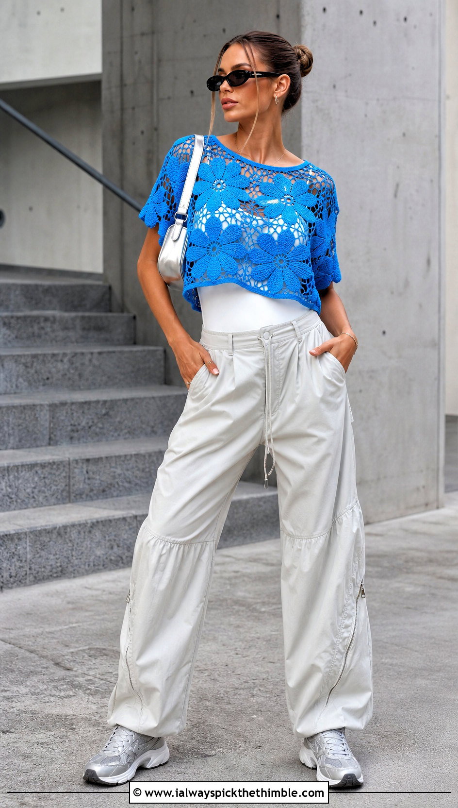 Boxy Flower Mesh Crochet Tee With Parachute Pants - 20 mesh flower crochet top outfit ideas