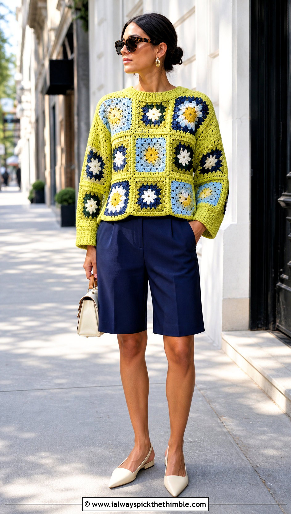 Boxy Giant Granny Square Sweater With Tailored Bermuda Shorts - 20 giant granny square sweater outfit ideas