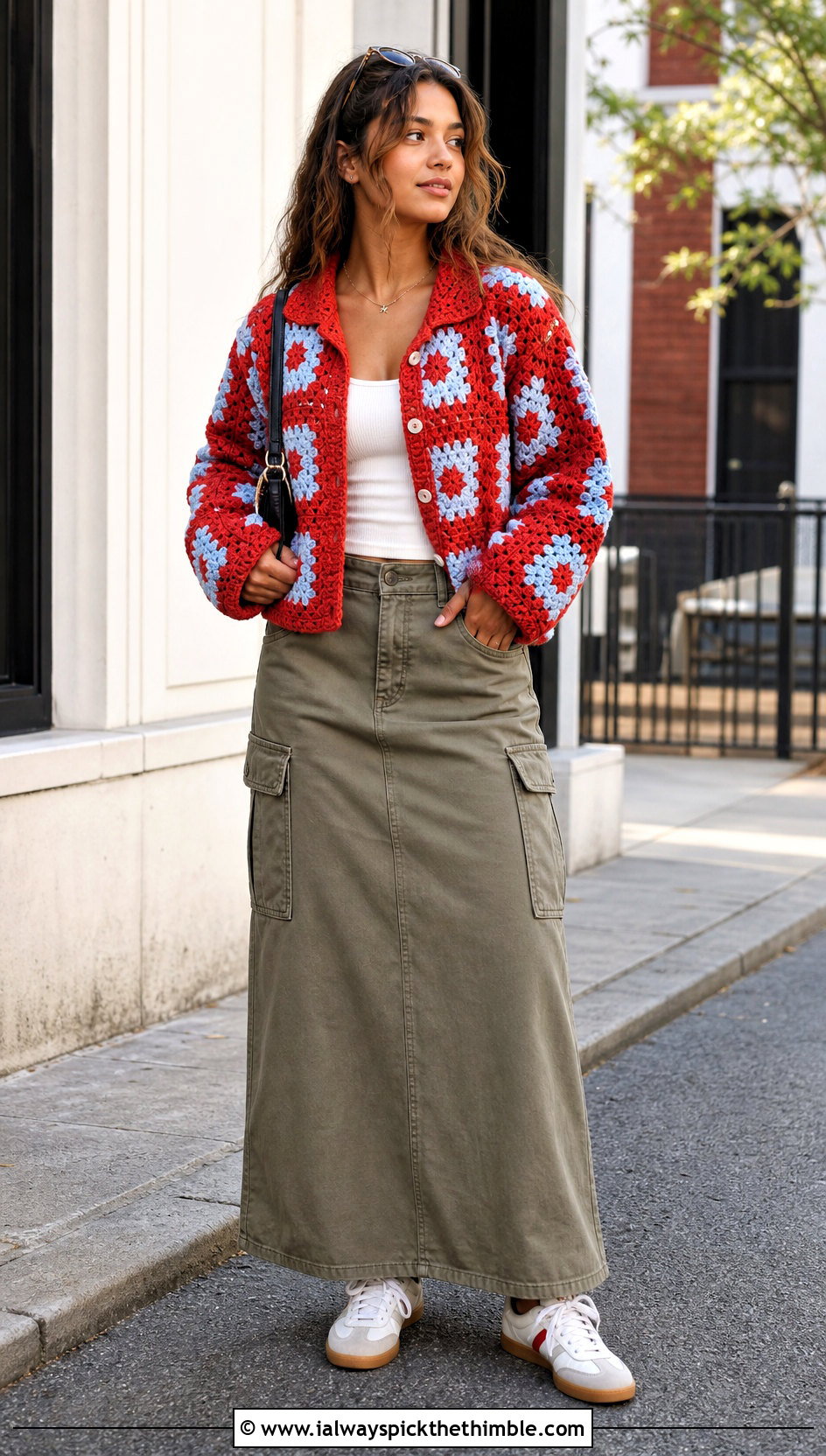 Boxy Granny Square Button Up Shirt With Cargo Maxi Skirt - 20 Granny Square Button Up Shirt outfit ideas