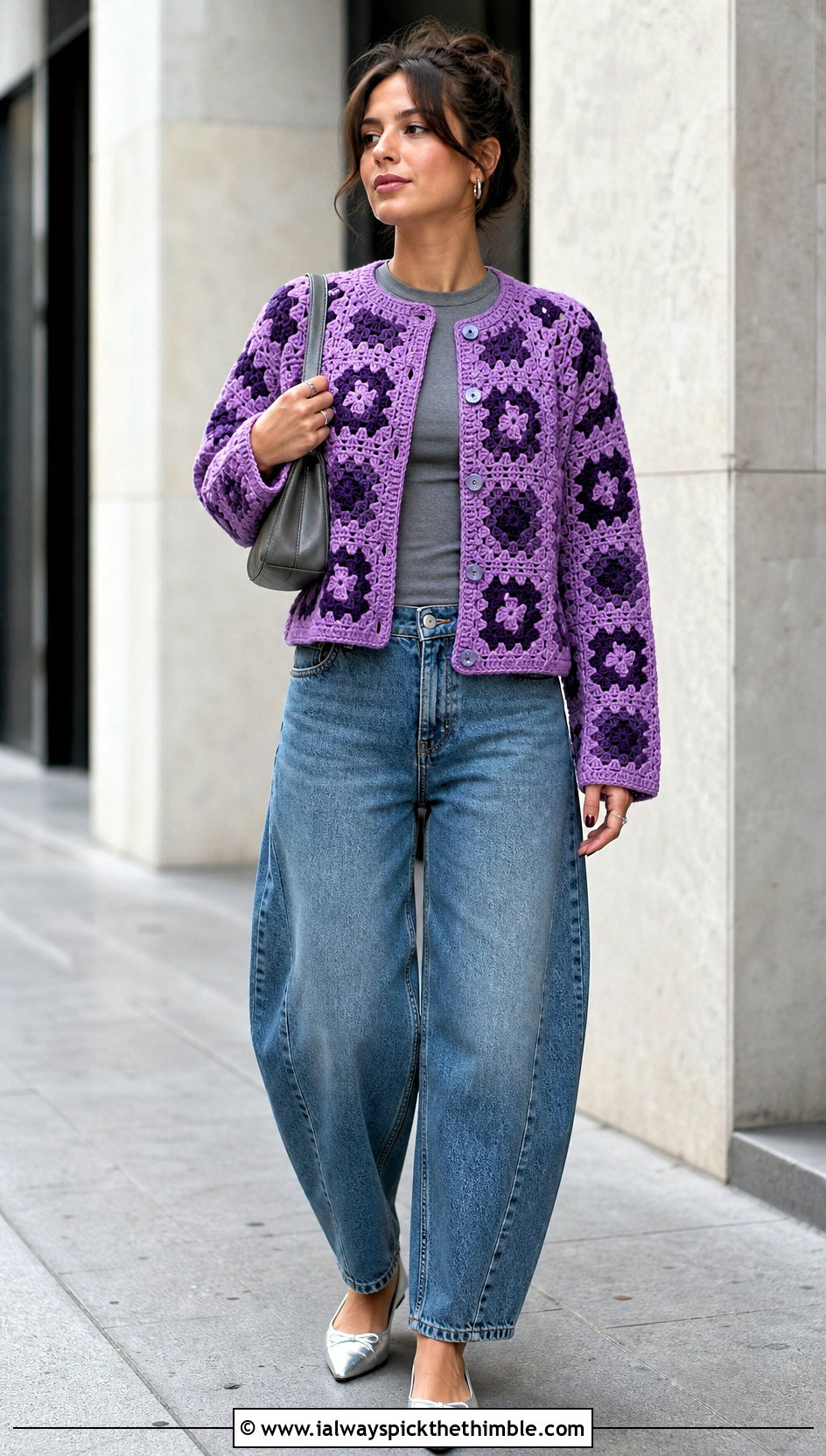 Boxy Granny Square Cardigan With Barrel Jeans - 20 boho granny square cardigan outfit ideas