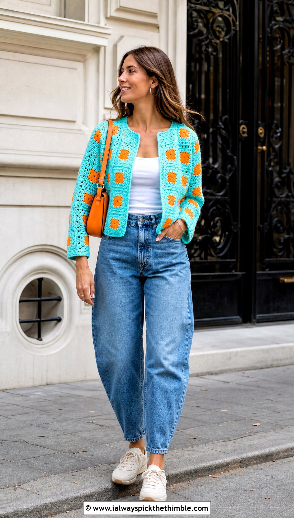 Boxy Granny Square Crochet Cardigan With Barrel Jeans - 25 granny square crochet cardigan outfit ideas