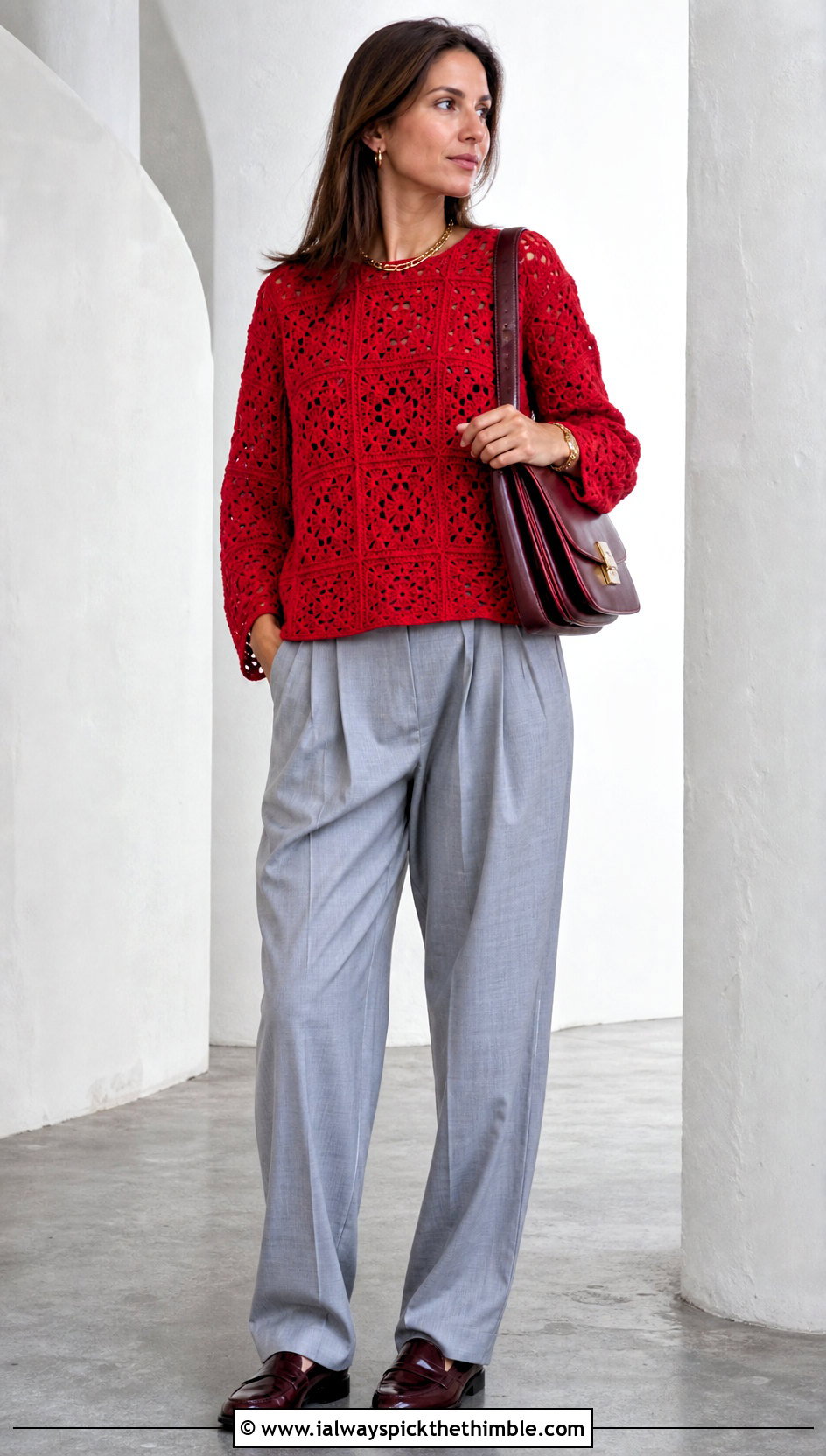 Boxy Granny Square Crochet Long Sleeve Top With Pleated Trousers - 20 Granny Square Crochet Long Sleeve Top outfit ideas