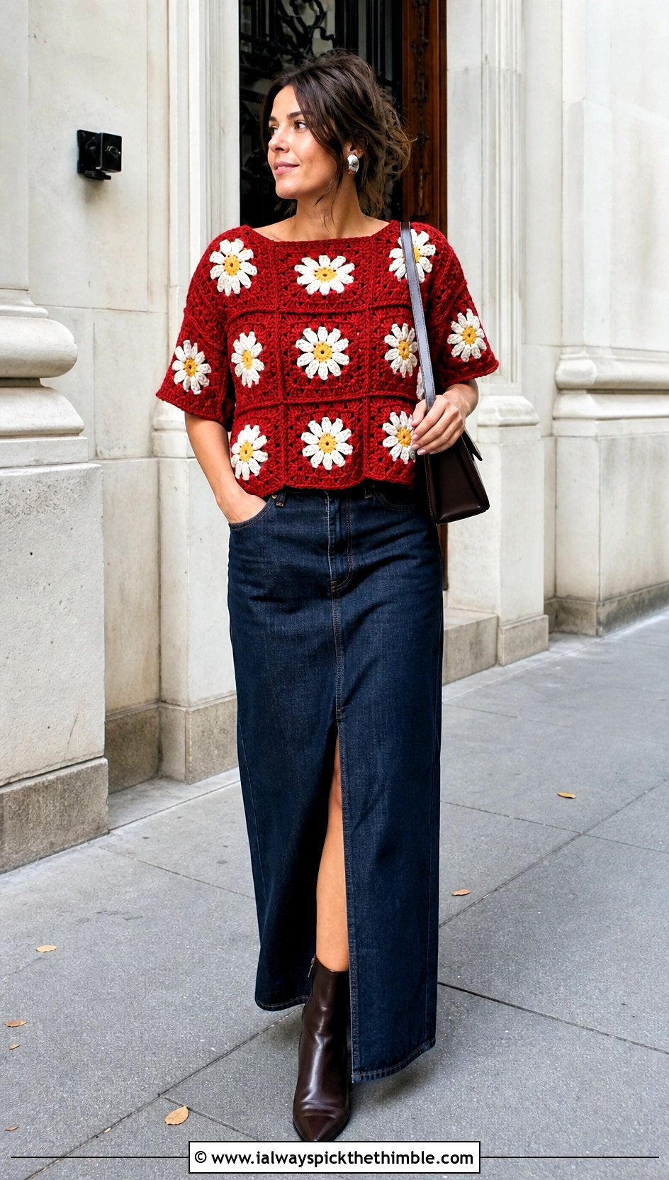 Boxy Granny Square Daisy Jones Top With Denim Maxi Skirt - 15 Crochet Daisy Jones Top outfit ideas