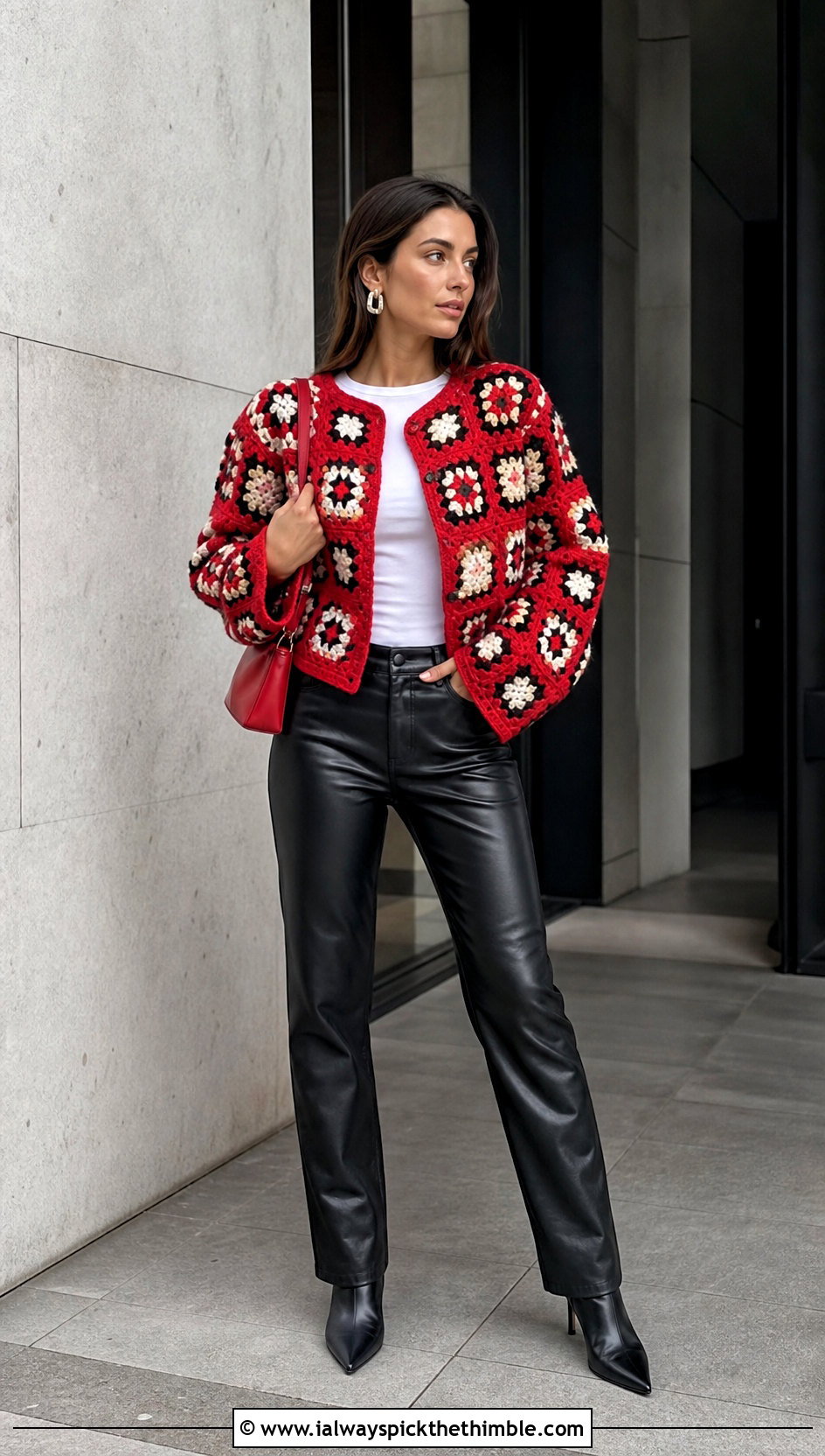 Boxy Granny Square Jacket Cardigan With Leather Pants - 25 crochet granny square cardigan outfit ideas