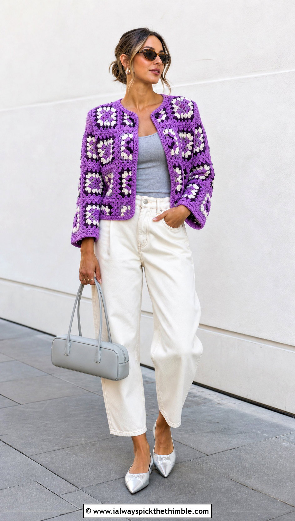 Boxy Granny Square Jacket With Barrel Jeans - 20 granny square jackets outfit ideas