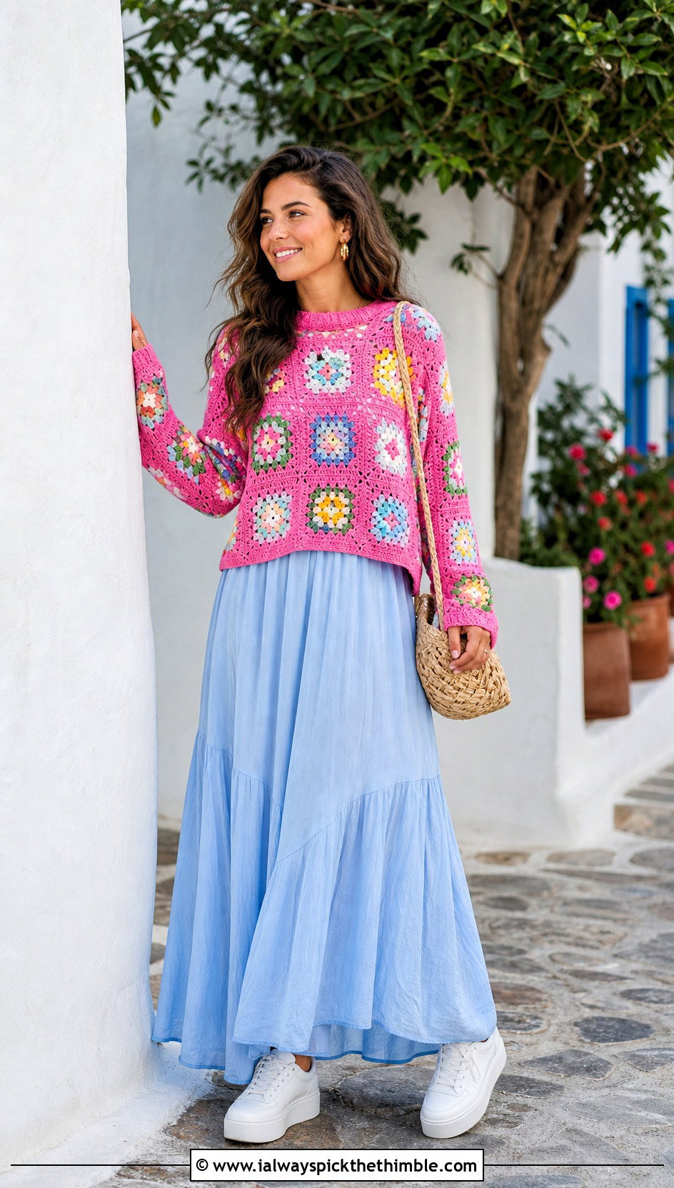 Boxy Granny Square Jumper With Layered Maxi Dress - 25 granny square jumper outfit ideas