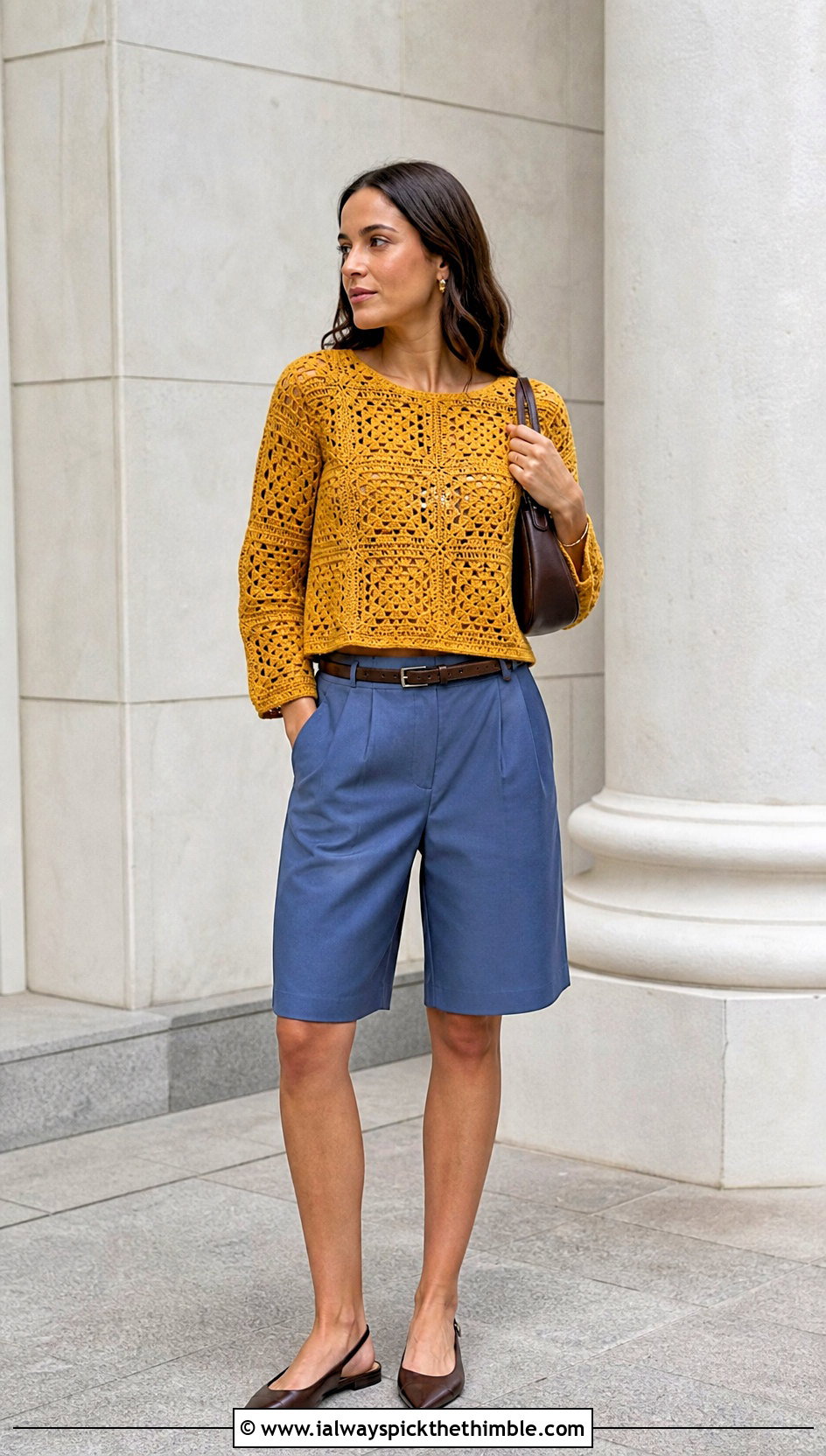 Boxy Granny Square Long Sleeve Top With Bermuda Shorts - 20 Granny Square Long Sleeve Top outfit ideas