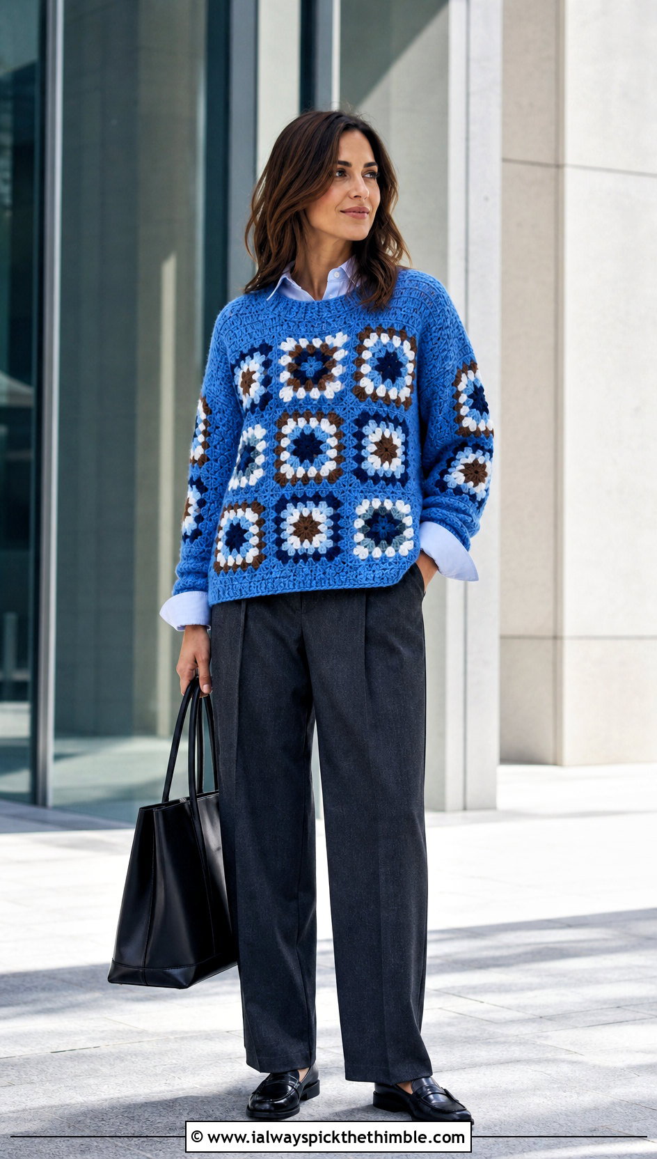 Boxy Granny Square Pullover Sweater With Tailored Trousers - 25 Granny Square Pullover Sweater outfit ideas