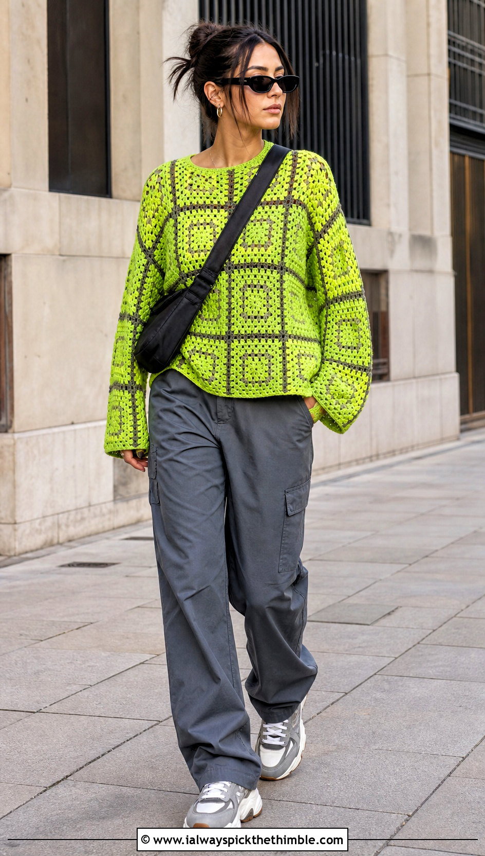 Boxy Granny Square Pullover With Cargo Pants - 25 crochet granny square pullover outfit ideas