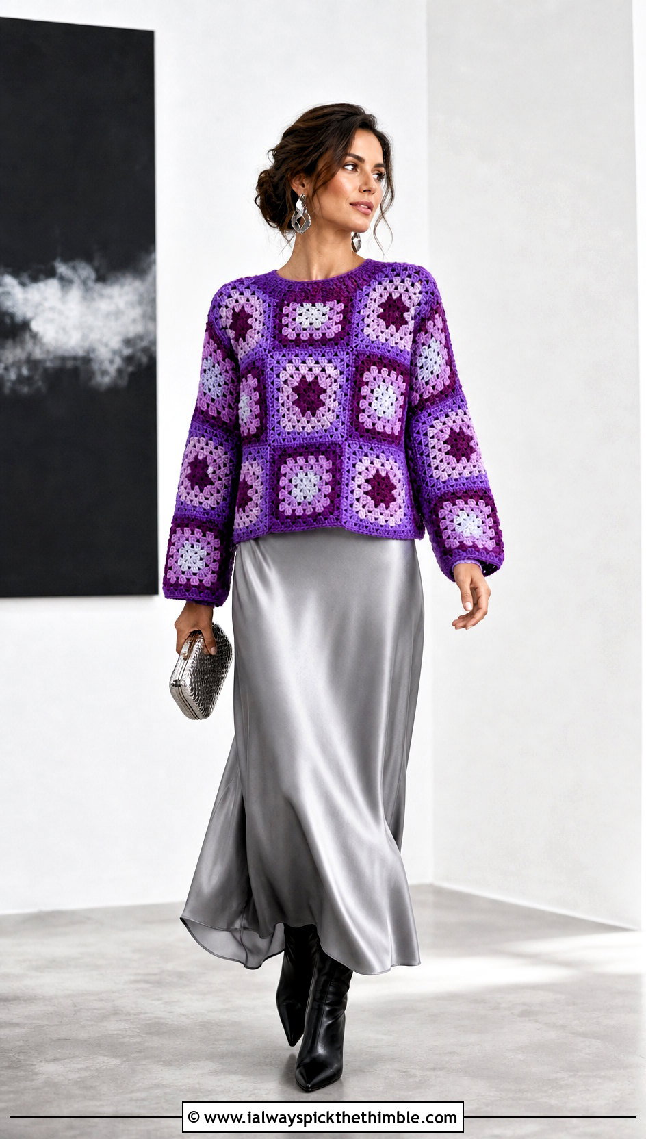 Boxy Granny Square Pullover With Satin Slip Skirt - 25 granny square pullover outfit ideas